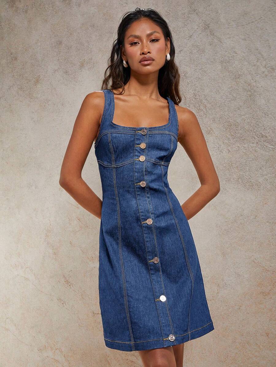 COSMINA Vestido vaquero elegante y estilizador sin mangas para mujer con hebilla metálica, adecuado para vacaciones, primavera/verano