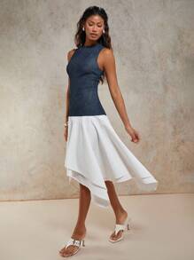 COSMINA Đầm midi cổ tròn không tay viền bất đối xứng màu tương phản mùa hè cho nữ - Màu xanh hải quân - Xem 5