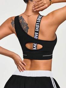 Easithlete 1pc Moisture Wicking Fabric Basic Sports Bra, Contrast Color Strap, Hollow Back, Black - Black and White - View 2
