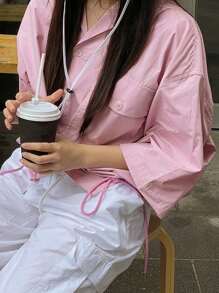 DAZY 女式简约休闲纯色宽松前扣衬衫 - 粉色 - 查看 7