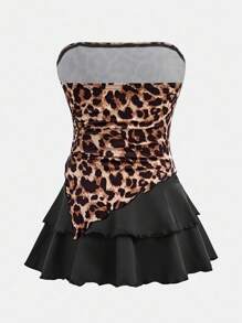 SHEIN Girlism Tween Girls Y2K 街头服饰短款褶皱不对称下摆豹纹修身背心和双层荷叶边针织短裙短裤套装，舒适高弹力开学装 - 黑色 - 查看 2