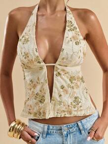 SHEIN BAE Débardeur à fines bretelles pour femmes en jacquard pailleté bleu, top de plage, débardeur perlé à fleurs, débardeur dos nu, top d'été - Nude - Voir 6