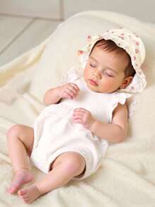 Souflis Souflis Baby Girl Swiss Dot Puff Sleeve Eyelet Embroidery Ruffle Trim Bodysuit & Accessory Hat - White - View 3