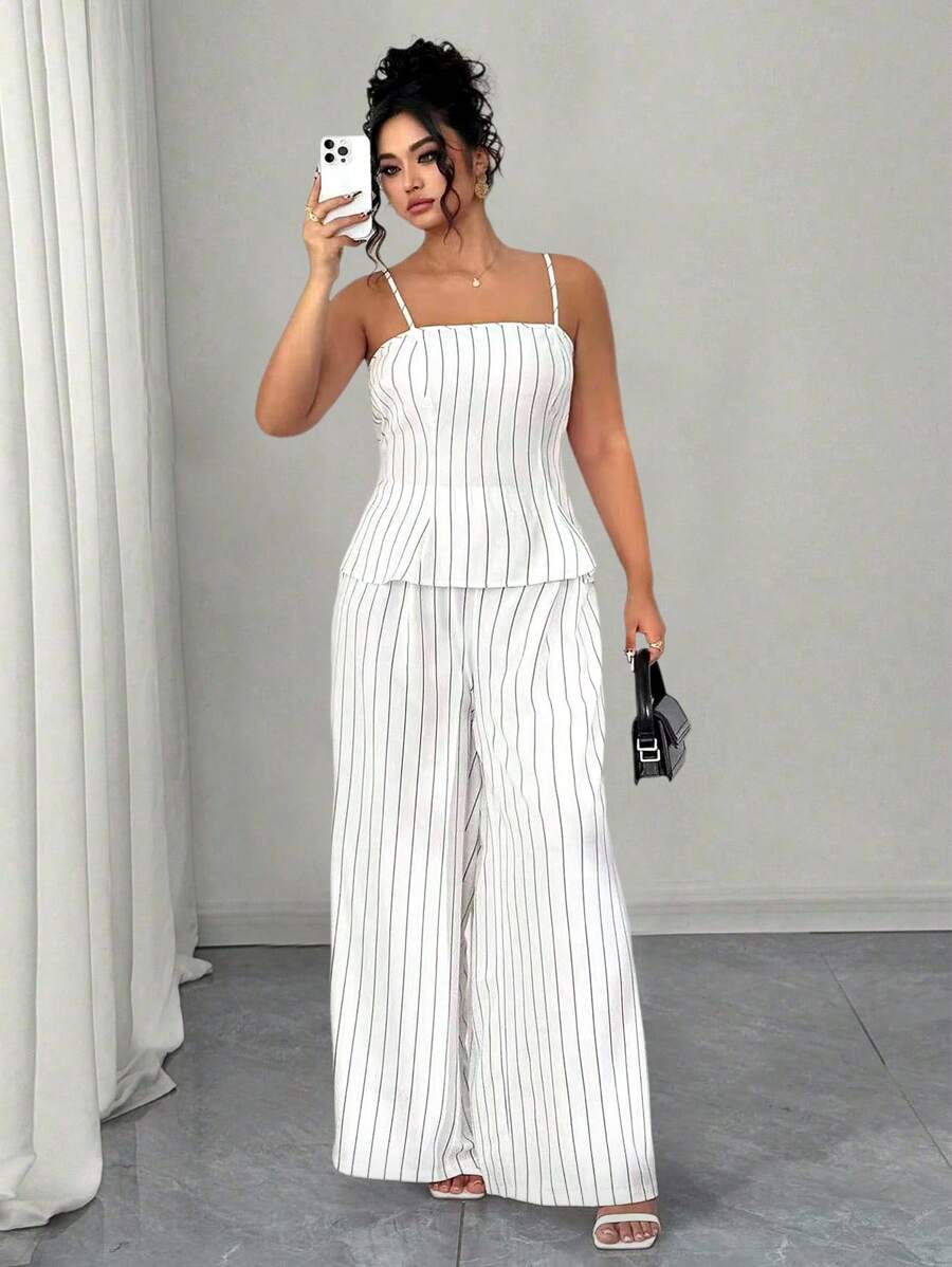 Elenzga 加大码织造面料优雅淑女风露肩条纹吊带短款上衣和高腰宽松阔腿裤两件套度假套装，夏季 - 白色 - 查看 1
