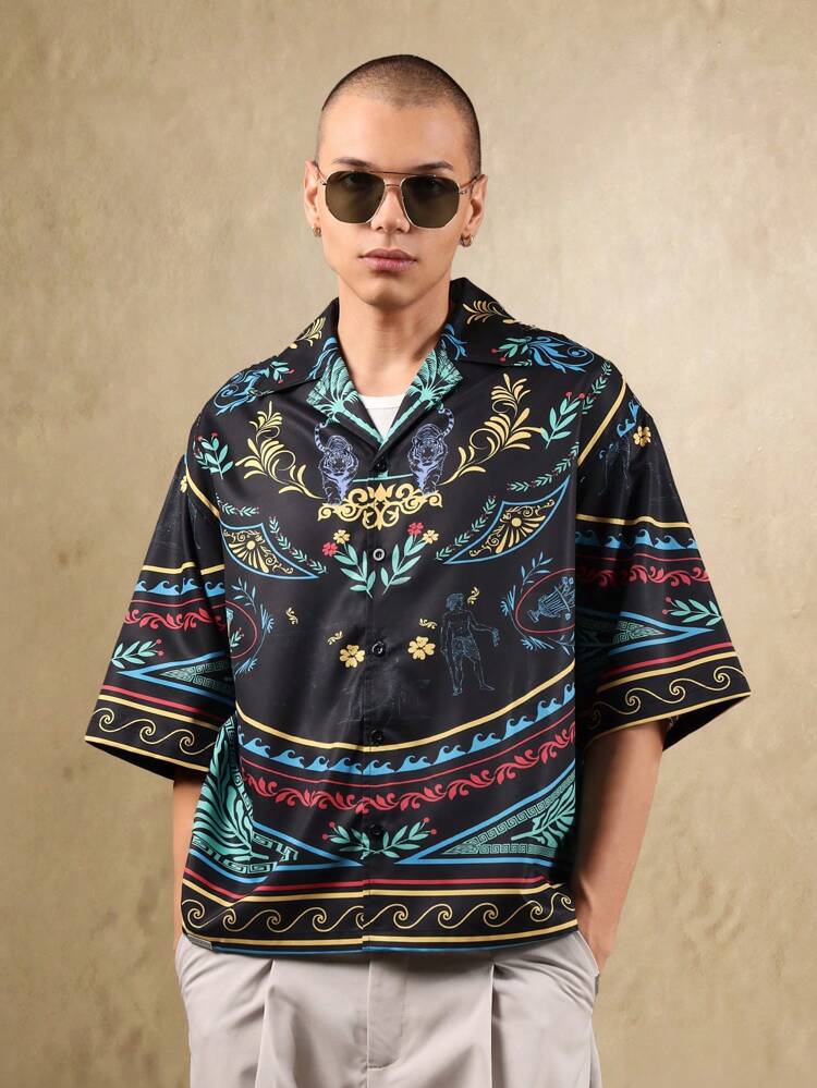 Men Shirt Short Sleeve Loose Fit Boxy Palm Tree Tiger Print Revere Collar