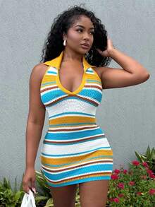 Alexandranx Colorful Polo Collar Short Dress, Minimalist Fashion Suitable For Summer - Multicolor - View 6