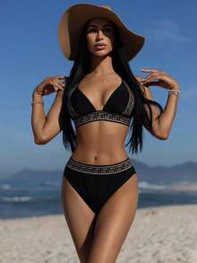 Carolina Barros Geometric Print Two-Piece Bikini Set, Summer Beach - Black - View 1