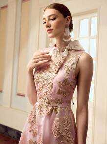 ZEYLAH Đầm midi jacquard thắt eo trang trí nơ thanh lịch cho nữ - Hồng - Xem 5