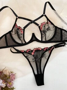 SHEIN 2pcs/Set Romantic French Mesh Sexy Ladies' Lingerie Set, Criss-Cross Backless Bralette - Black - View 4