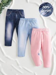 SHEIN Vintaside Kids 女婴三件套：优雅休闲风格印花水洗蓝色长裤，春夏 - 彩色 - 查看 3