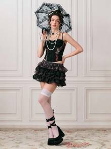 ROMWE EDITION 女士时尚蕾丝拼布蛋糕风格迷你裙，夏季 - 黑色 - 查看 9