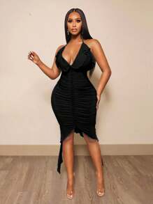 BamGleam Vestido de tirantes plisado y ajustado, de moda para el verano - Negro - Ver 4