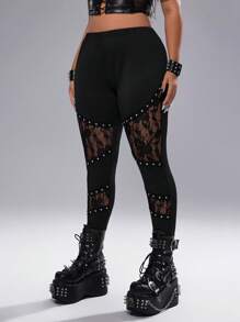 Whyspr Leggings vintage grunge punk casual avec design de ruban en dentelle contrastée, tailles plus