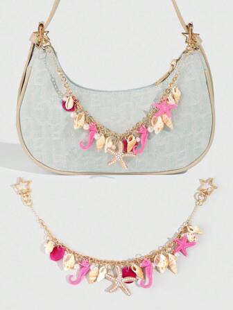 Fairycore 1 pièce Charm de sac à thème océanique avec éléments perlés de couleur or, décoration de mariage avec chaîne