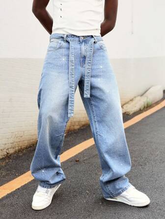 Street Life Jeans décontractés amples à jambe large avec ornements de strass sur la poche pour hommes