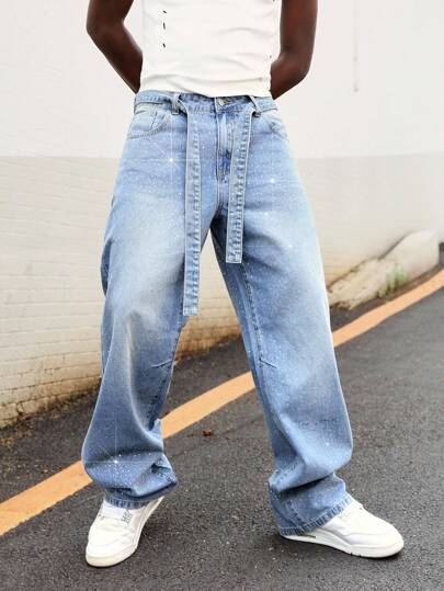 Street Life Men's Rhinestone Embellished Pocket Wide Leg Loose Casual Jeans