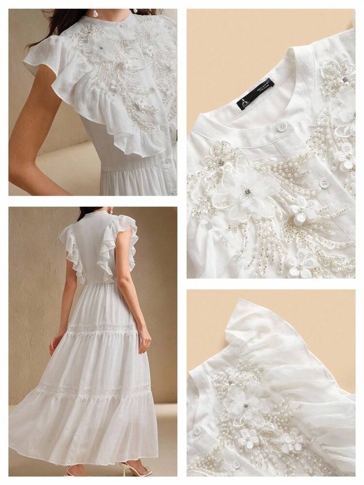 Cap Sleeve Half Open Front Elegant 3D Beaded Floral A-Line Dress