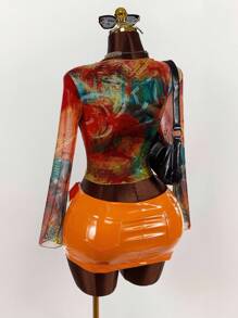 Amplova 2件套女士全印花圆领长袖上衣和纯色迷你裙 - 橘色 - 查看 12