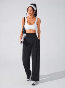 Lifespree Pantalones deportivos de cintura alta, unicolor, con pliegues y bolsillos, pernera ancha para mujer