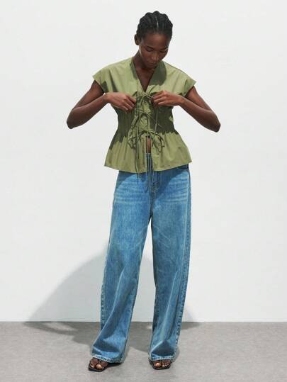 Maija 2025 Autumn/Winter New Sage Green Front Tie Bow Waist Pleated Shoulder Flutter Sleeve Women's Blouse, Fashion Elegant Urban Romantic Country Music Festival Vintage Airport Travel Street Wedding Guest Birthday Halloween Business Casual Office Date Party Outing Back To School Boho