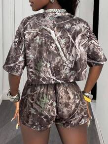 Slaydiva Bộ 2 áo thun tay ngắn cổ tròn và quần short thể thao thường ngày mùa xuân/hè 2025 cho nữ, trang phục thể thao vải in Dry Branch - Hồng - Xem 2