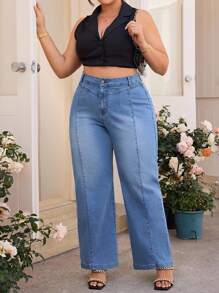 SHEIN PETITE CURVE 大码女式高腰阔腿宽松休闲百搭牛仔裤 - 藍色 - 查看 4