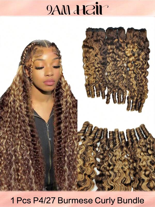 P4/27 Burmese Curly 1pc Bundles Human Hair Pixie Curls Human Hair Spiral End Burmese Curly Human Hair Bundles Weave Bundle Unprocessed Human Hair Extensions 14-26 Inch Top Quality For Women