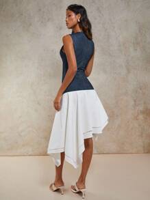 COSMINA Đầm midi cổ tròn không tay viền bất đối xứng màu tương phản mùa hè cho nữ - Màu xanh hải quân - Xem 2