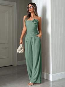 EURMUSE TOP DE HOMBROS DESCUBIERTOS CON ROSAS 3D Y PANTALÓN RECTO DE PIERNA LARGA CON PLIEGUES EN LA CINTURA MEDIA - verde menta - View 3