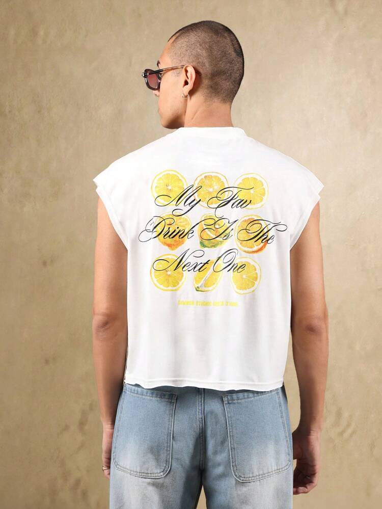 레몬 프린트가 있는 남성용 로우 엣지 크롭 길이 머슬 탱크 탑