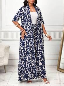 SHEIN Lady Bộ đồ hai mảnh in họa tiết hoa thanh lịch mùa thu đông dài tay dành cho nữ & Áo dài dệt họa tiết da báo Quần dài cho nữ Bộ đồ nghỉ mát và giải trí hai mảnh dành cho nữ - Xanh và trắng - Xem 6