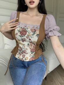 Modelyn 女士优雅拼色提花交叉系腰衬衫，夏季 - 紫色 - 查看 2