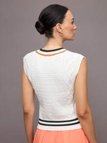 Activina Women's Casual V-Neck Contrast Striped Binding Wide Hem Loose Fit Sports Knit Vest - Multicolor - View 2