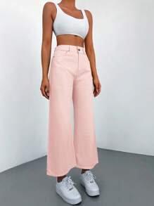 Cottnline High Waist Cropped Wide Leg Jeans - Pink - View 4