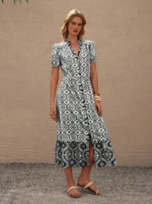 Lumivelle Đầm Bohemian tay lửng hở trước thời trang thanh lịch cho nữ - màu đen - Xem 3