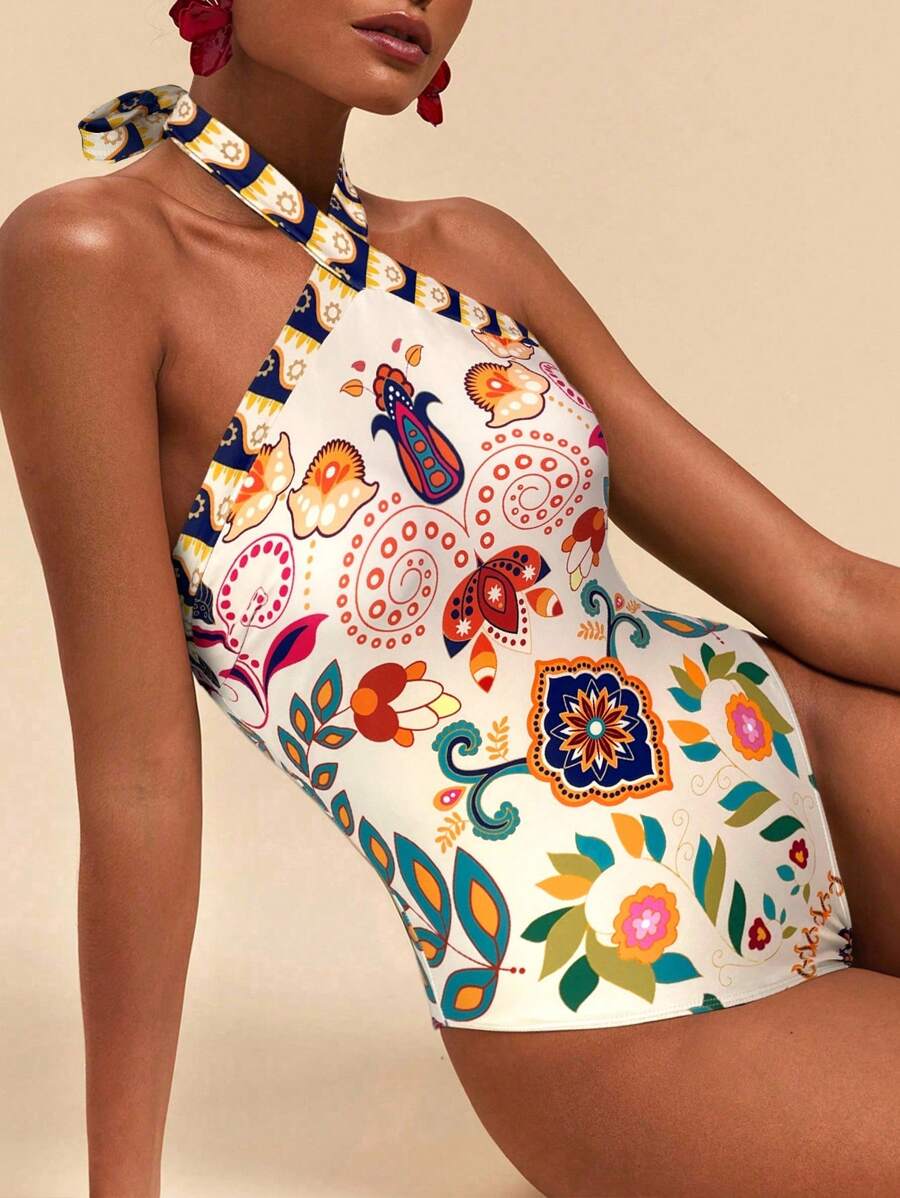 Travachic Traje de baño de una pieza con cuello halter y estampado floral para mujer