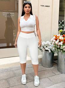 GalTyme Quần legging bó màu trắng cỡ lớn dài 3/4, phong cách thường ngày/nghỉ mát - trắng - Xem 4