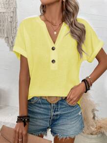 EMERY ROSE Women's Summer Solid Color V-Neck Short Sleeve Casual T-Shirt - Yellow - View 3