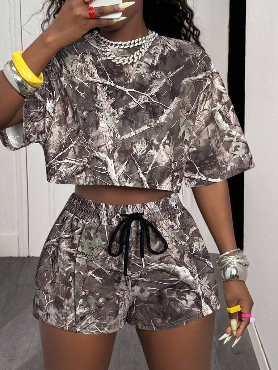 Slaydiva Bộ 2 áo thun tay ngắn cổ tròn và quần short thể thao thường ngày mùa xuân/hè 2025 cho nữ, trang phục thể thao vải in Dry Branch - Hồng - Xem 1