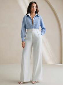 Anewsta Blusa de manga larga a rayas con parches de encaje 2 en 1 para mujer - Azul - Ver 4