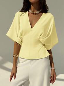 Aloruh 优雅纯色宽松短袖衬衫，简约设计，腰部蝴蝶结，适合办公室和通勤，桃红色 - 黃色 - 查看 5