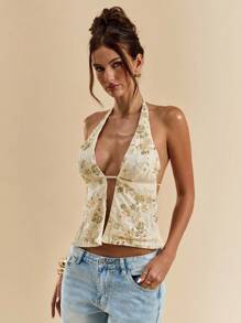 SHEIN BAE Débardeur à fines bretelles pour femmes en jacquard pailleté bleu, top de plage, débardeur perlé à fleurs, débardeur dos nu, top d'été - Nude - Voir 3