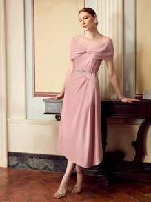 ZEYLAH Vestido elegante de mujer con parches de malla y adornos de rhinestone - Rosa - Ver 5