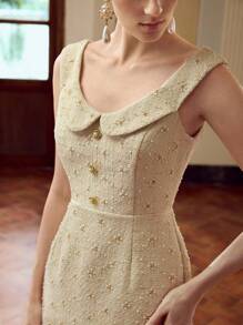 ZEYLAH Women's Peter Pan Collar Button Detail Fitted Elegant Sleeveless Dress