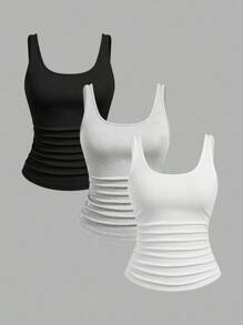 Slaydiva 多件装基本款吊带背心，女式窄罗纹 U 领 G 字形工字背心，黑色、白色和灰色，休闲 - 彩色 - 查看 1