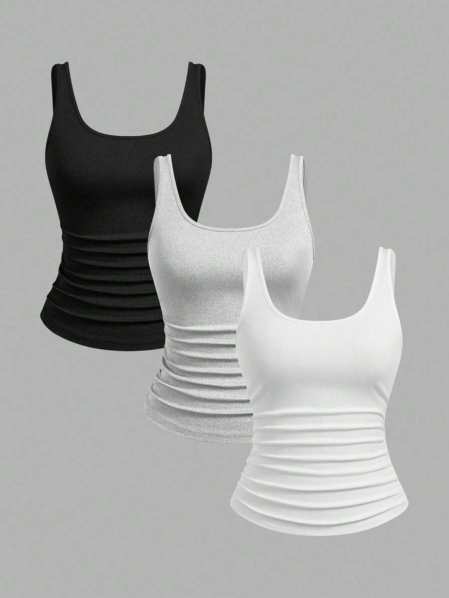 Slaydiva 多件装基本款吊带背心，女式窄罗纹 U 领 G 字形工字背心，黑色、白色和灰色，休闲 - 彩色 - 查看 1