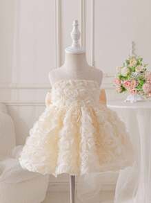 SHEIN Glamorique Kids Infant/Baby Girl Floral 3D Lace Tulle Satin Puff Sleeve Back Bow Pearls Decorated Party Dress, Wedding Flower Girl Gown For Birthday, Anniversary Baby Girl Dress Elegant Wedding Baby Bow Dress Baby Flower Girl Dress Toddler Flower Girl Dress Champagne Baby Dress Fall Winter - Champagne - View 4