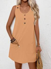 EMERY ROSE 女式夏季纽扣前口袋圆领无袖休闲连衣裙 - 橘色 - 查看 5