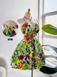 SHEIN Clasi 大码女式热带印花交叉系带露背吊带连体裤 - 彩色 - 查看 1