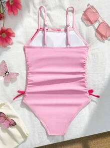 SHEIN 女童分体泳衣，花卉印花，抽绳，蝴蝶结设计，可调节肩带，甜美优雅，适合度假、海滩、泳池、冲浪 - 彩色 - 查看 2